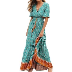 R. Vivimos Long Boho Green Dress Paisley